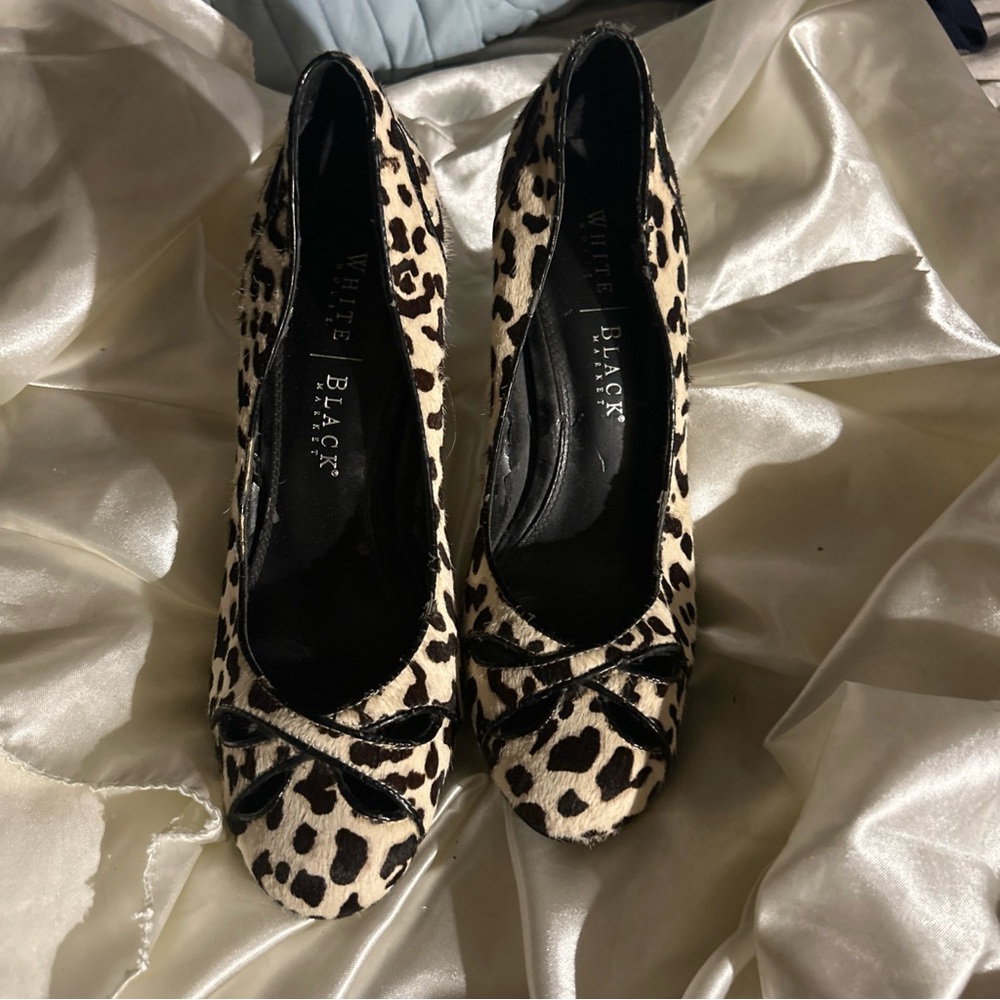 White House Black Market Leopard Print Peep-Toe Heels with Black Trim